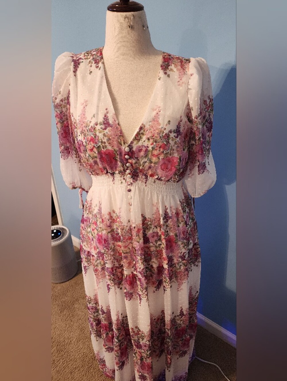 Floral White Maxi Dress with Pink Bouquet Print